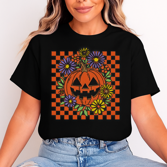 Unisex Vintage Pumpkin Checkerboard Halloween T-Shirt, 100% Cotton Graphic Tee – Gift for Halloween