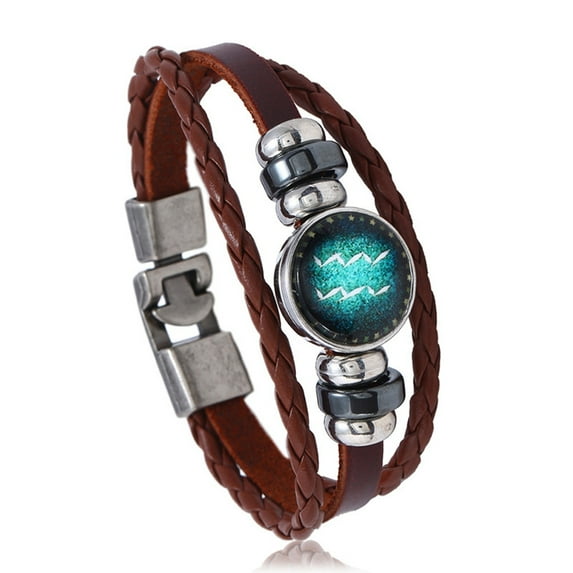Slatcetga Unisex Vintage Style Bracelet 12 Constellations Faux Cowhide Alloy Woven Bracelet (Aquarius)
