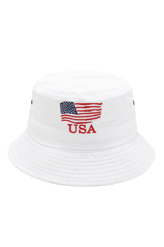 Unisex Vintage Wash Bucket Hat with Embroidered USA Flag, Retro American Patriotic Sun Hat for Men and Women, Cotton Blend Foldable Fishing Cap for Outdoor, Beach, Camping and Travel White