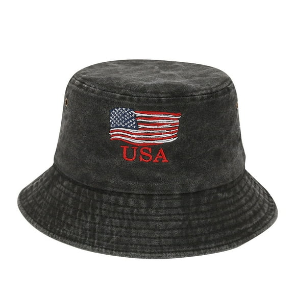 Unisex Vintage Wash Bucket Hat with Embroidered USA Flag, Retro American Patriotic Sun Hat for Men and Women, Cotton Blend Foldable Fishing Cap for Outdoor, Beach, Camping and Travel Black