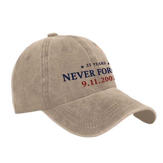 Unisex Vintage Washed Baseball Cap Never Forget 9.11 Memorial Graphic Adjustable Hat Soft Breathable for Commemorative Events Casual Daily Wear and Weekend Activities Khaki One Size