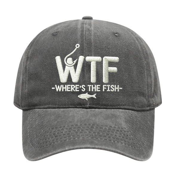 Unisex Vintage Washed Cotton Baseball Cap, Embroidered Where's The Fish and Fishing Hook Hat, Funny Outdoor Angler Sun Hat for Men Women