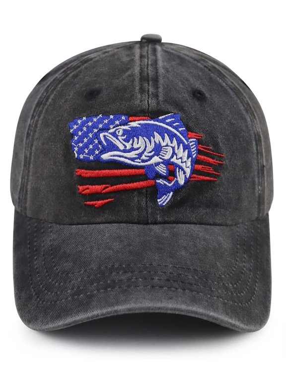 Unisex Vintage Washed Cotton Cap, Embroidered American Flag & Fish Baseball Hat, Patriotic Fishing Outdoor
