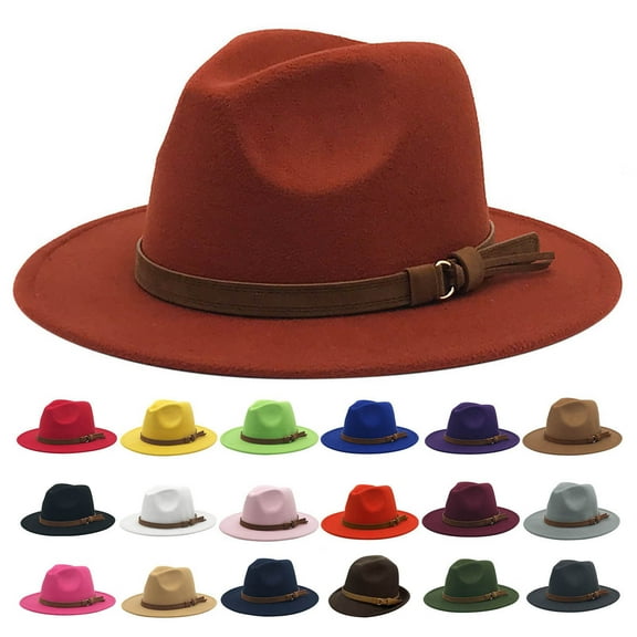 Unisex Vintage Wide Brim Fedora Hat With Buckle Detail Belted Design