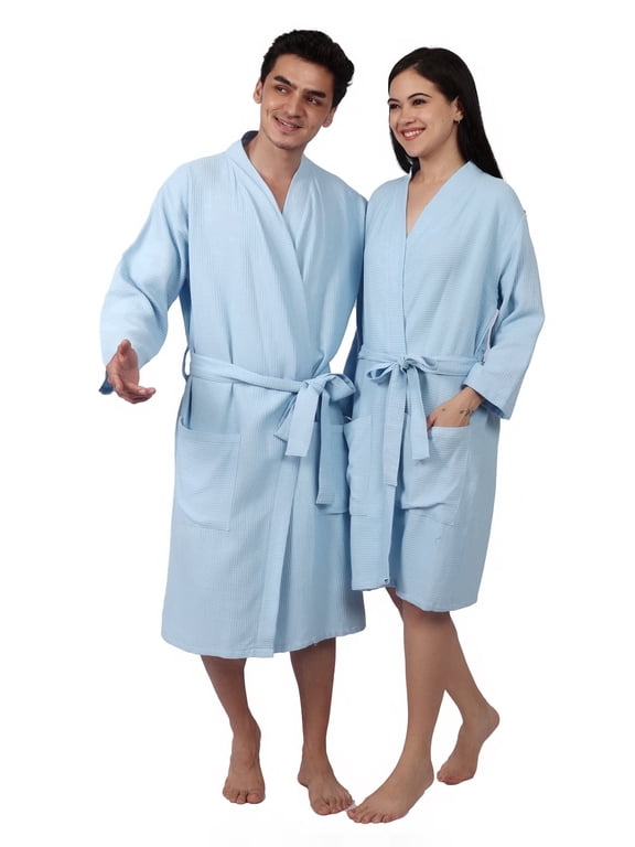 Waffle Unisex Cotton Bathrobe, Large Size, Sky Blue