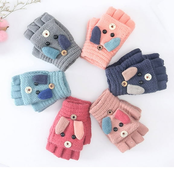 Unisex Warm Soft Winter Knit Gloves for Kids Boys Girls Glove with Cartoon Dog 5-10 Year