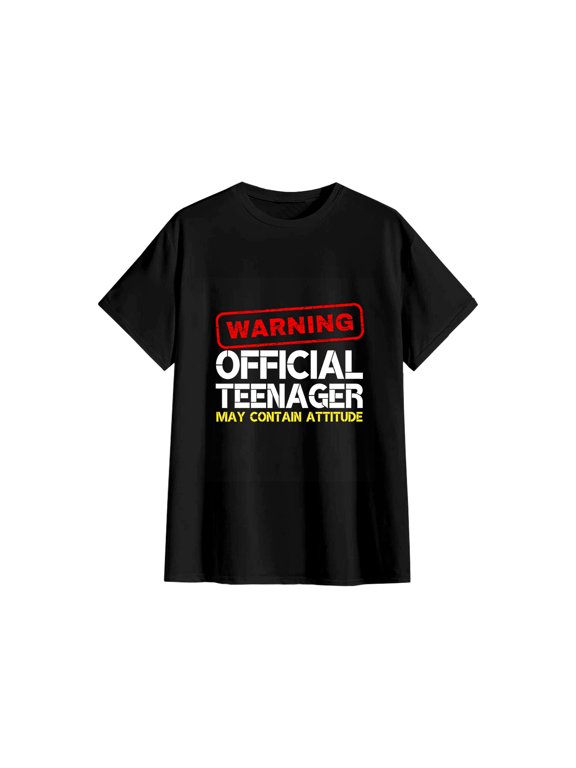 Unisex Warning Official Teenager May Contain Attitude Funny 13th Birthday Cotton T-Shirt Teen Gift M