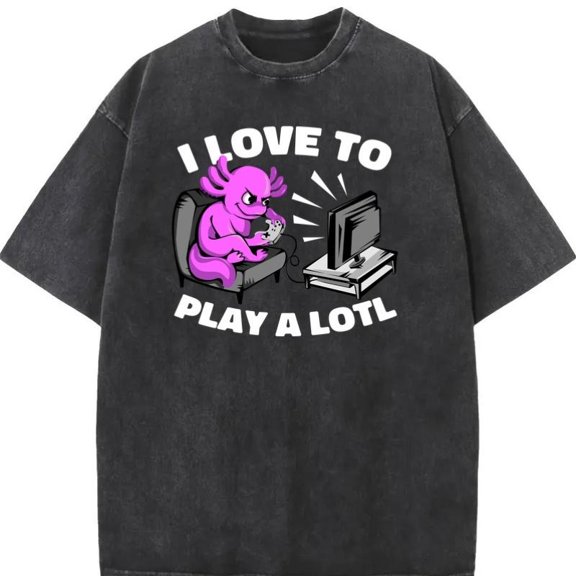 Unisex Washed Black Print Tshirt Graphic Tees Shirts Axolotl Gamer Play A Lotl Hobby S-5XL Tops