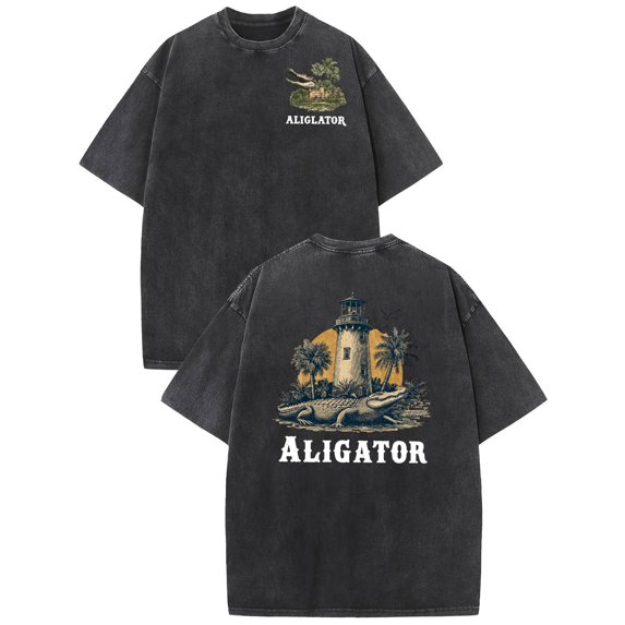 Unisex Washed Black Print Tshirt Graphic Tees Shirts Retro Alligator Lighthouse Tropical Animal S-5XL Tops