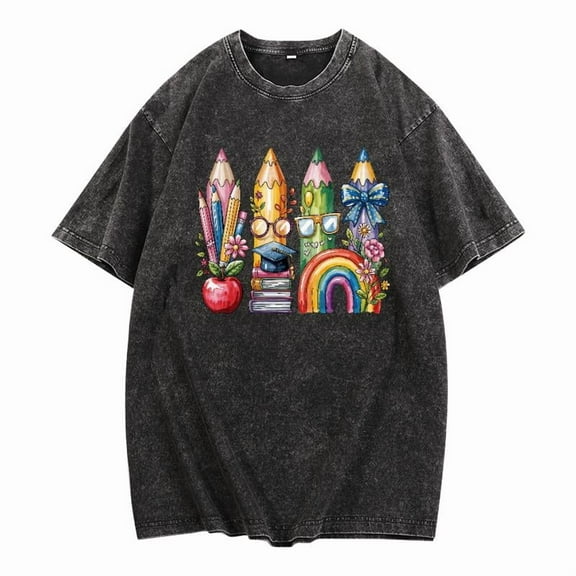 Unisex Washed Black School Supplies Pencil Graphic Tee S-8XL, Whimsical Printed T-Shirt Top for Teachers & Back to School Enthusiasts, Casual Graphic Tees Tops