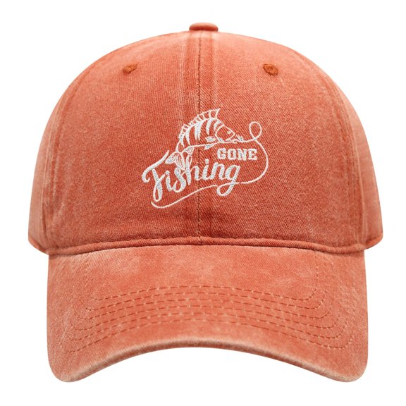 Unisex Washed Cotton Baseball Cap, Gone Fishing Lettering with Fish & Fishing Hook Embroidered Low Profile Dad Hat, Adjustable Outdoor Sun Protection Hat for Fisherman