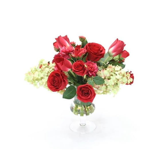 Unisex Waterlook-R Red & Rose, Tulips & Dahlias with Cream Green Hydrangeas in Clear Glass Urn