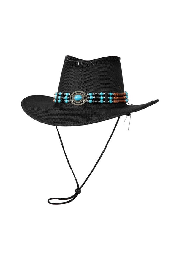 Unisex Western Cowboy Hat Black Adjustable Chin Strap Cattleman Crown Turquoise Concho Polyester for Rodeo Concert Daily Wear Costume,Size M