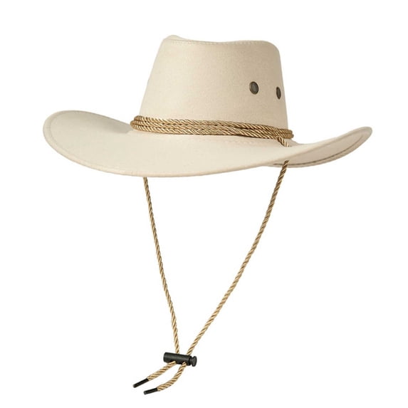 VONCOS Unisex Western Cowboy Hat Cowgirl Style White Wide Brim Polyester Adjustable Chin Strap Lightweight Sun Protection for Festival Concert Rodeo Outdoor Daily Wear,Size M