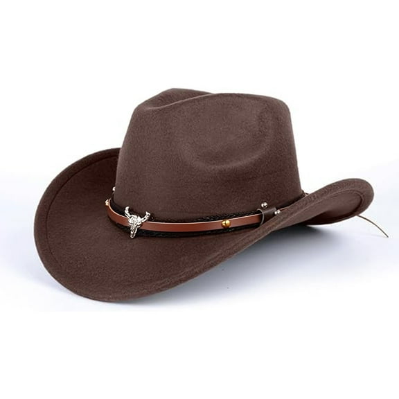 Unisex Western Cowboy Hat, Faux Fur Felt Cowgirl Hats Hats Outdoor Wide Brim Rodeo Hat with Strap, Brown
