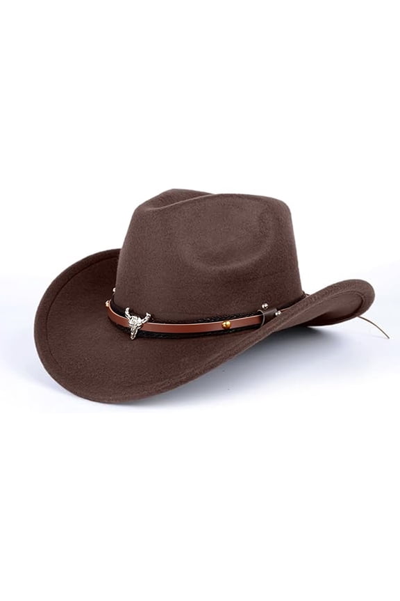 Unisex Western Cowboy Hat, Faux Fur Felt Cowgirl Hats Hats Outdoor Wide Brim Rodeo Hat with Strap, Brown