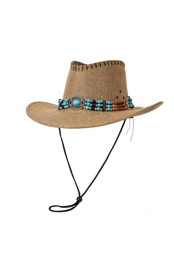 Unisex Western Cowboy Hat Khaki Cattleman Crown Adjustable Chin Strap Faux Turquoise Concho Beaded Band Polyester for Festival Rodeo Daily Wear Costume,Size M