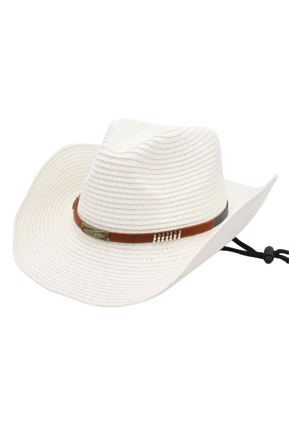 Unisex Western Straw Cowboy Hat for Men Women Wide Brim Sunshade Cap for Summer Beach Travel Vacation Wild West Boonie Hat Everyday Casual Apparel Accessory with Chin Strap