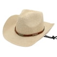 thumbnail image 1 of Unisex Western Straw Cowboy Hat for Men Women Wide Brim Sunshade Cap for Summer Beach Travel Vacation Wild West Boonie Hat Everyday Casual Apparel Accessory with Chin Strap, 1 of 3