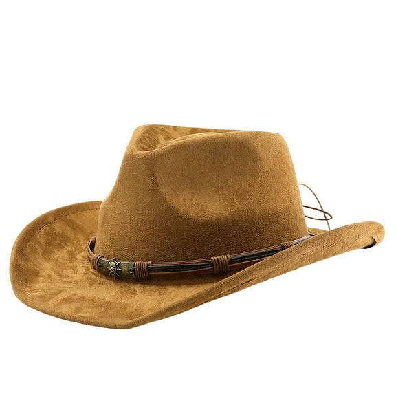 Unisex Western Suede Cowboy Hat Classic Wide Brim Fedora Hat for Men Women