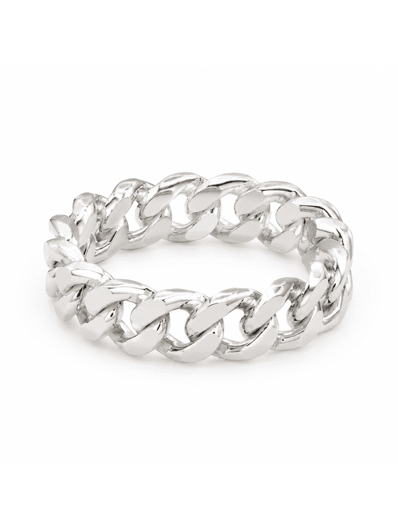 Unisex White Copper Cuban Link Chain Ring, High Polish Flexible Soft Band Statement Rings, Hypoallergenic Minimalist Hip Hop Punk Finger Jewelry for Men Women Casual Styling Couples Gift