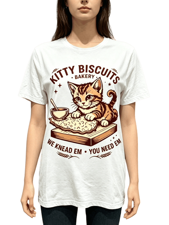 Unisex White Crew Neck Short Sleeve Cotton T-Shirt, Retro Flat Print Kitty Biscuits Bakery Cat Kneading Dough Funny Pun Slogan Graphic Tee, Soft Casual Daily Top Birthday Gift S-XXXL