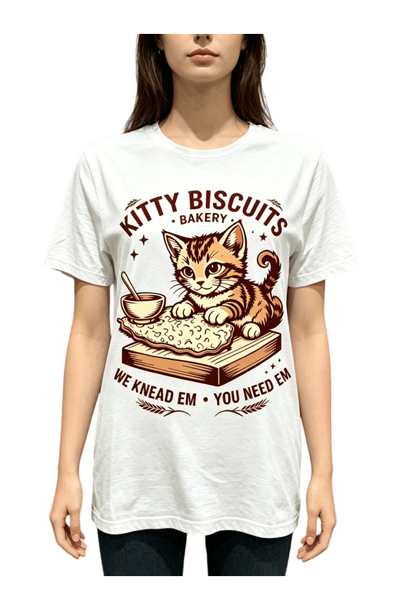Unisex White Crew Neck Short Sleeve Cotton T-Shirt, Retro Flat Print Kitty Biscuits Bakery Cat Kneading Dough Funny Pun Slogan Graphic Tee, Soft Casual Daily Top Birthday Gift S-XXXL