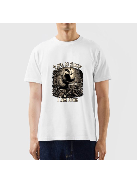 Unisex White Crew Neck T-Shirt Short Sleeve, Life Is Soup I Am Fork Woodland Animal Graphic, Casual Graphic Tee for Everyday Wear, Weekend Outings, Travel and Outdoor Activities