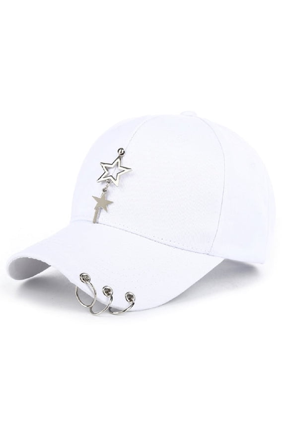 Unisex White Fitted Cap, K-pop Cap, Baseball Cap with Ring Chain, Metallic Cap, Unique Cap, Cap with Star, WHITE