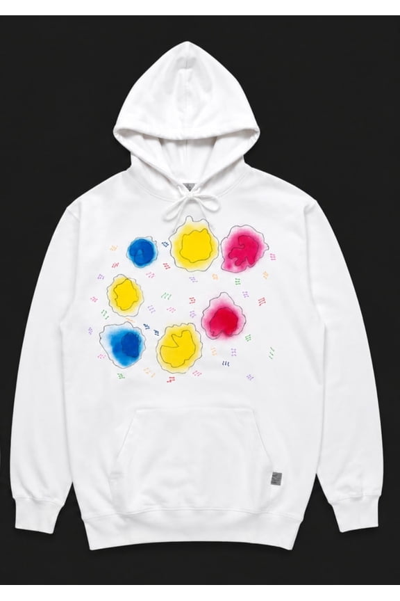 Unisex White Hoodie with Abstract Color Blotch Graphic Vibrant Artistic Streetwear Pullover