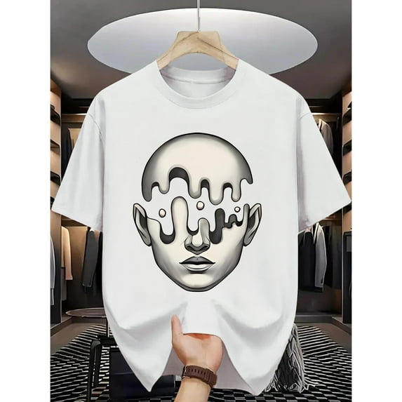 Unisex White Print Tshirt Graphic Tees Shirts Abstract Melting Face Art Design Casual Tops S-5XL