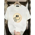 thumbnail image 1 of Unisex White Print Tshirt Graphic Tees Shirts Funny Wood Slice Smile Face Peace Sign Design Casual Tops S-5XL, 1 of 5