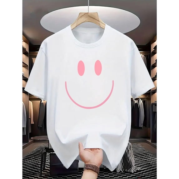 Unisex White Print Tshirt Graphic Tees Shirts Pink Smile Face Minimalist Humor S-5XL Tops