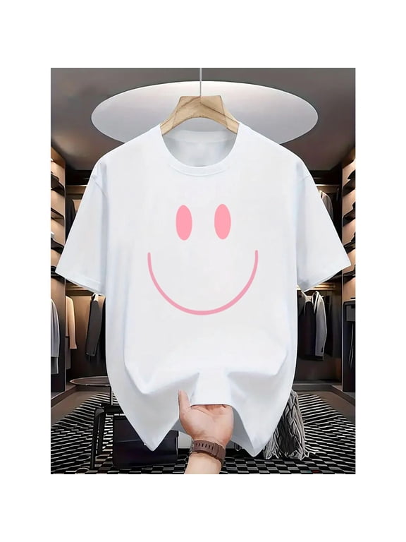 Unisex White Print Tshirt Graphic Tees Shirts Pink Smile Face Minimalist Humor S-5XL Tops