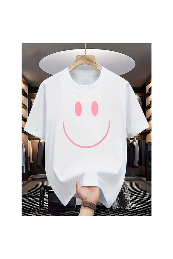 Unisex White Print Tshirt Graphic Tees Shirts Pink Smile Face Minimalist Humor S-5XL Tops
