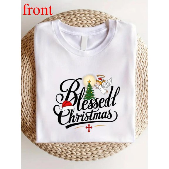 Unisex White T-Shirt Graphic Tees "Blessed Christmas" Angel & Christmas Tree Religious Holiday Design Shirts S-5XL Casual Daily Tops