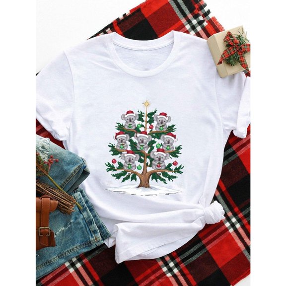 Unisex White T-Shirt Graphic Tees "Koala Christmas Tree" Holiday Animal Design Shirts S-5XL Casual Daily Tops