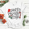 thumbnail image 1 of Unisex White T-Shirt Graphic Tees "Merry Christmas" Santa Hat & Candy Cane Holiday Design Shirts S-5XL Casual Daily Tops, 1 of 5