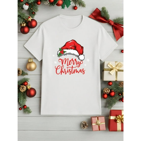 Unisex White T-Shirt Graphic Tees "Merry Christmas" Santa Hat Holiday Design Shirts S-5XL Casual Daily Tops