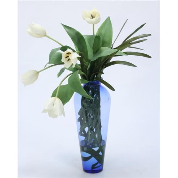 Unisex White Tulips Wrapped in Woven Blades in Blue Vase - Green