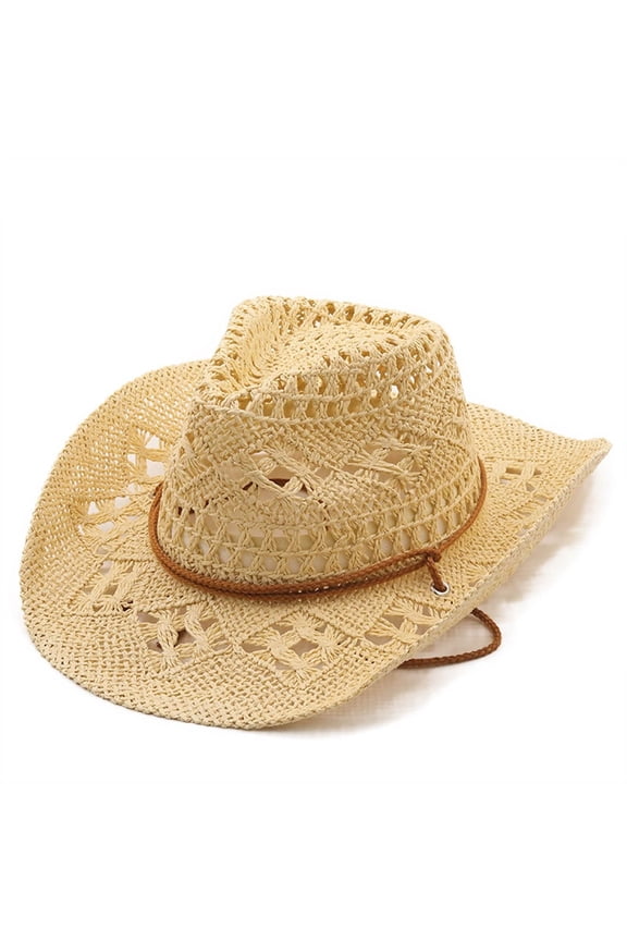 Unisex Wide Brim Cowboy Straw Hat, Breathable Hollow Hand Knitted Summer Sun Hat with Chin Strap, Lightweight Beach Vacation Camping Outdoor Sun Protection Cap for Women Men Beige
