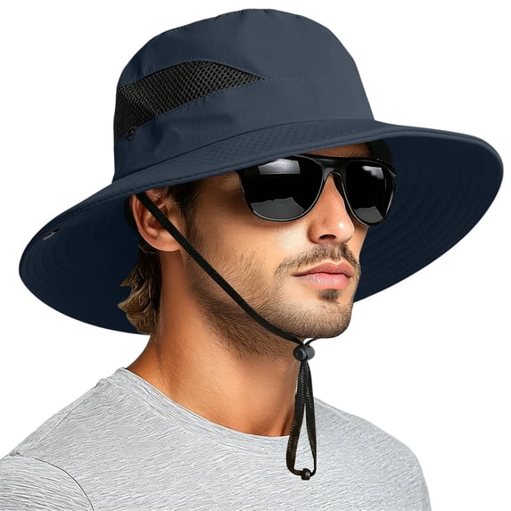 Unisex Wide Brim Mesh Fisherman Hat, UPF 50+ Sun Protection Breathable Sun Hat with Adjustable Chin Strap for Fishing, Beach, and Outdoor Activities-Navy