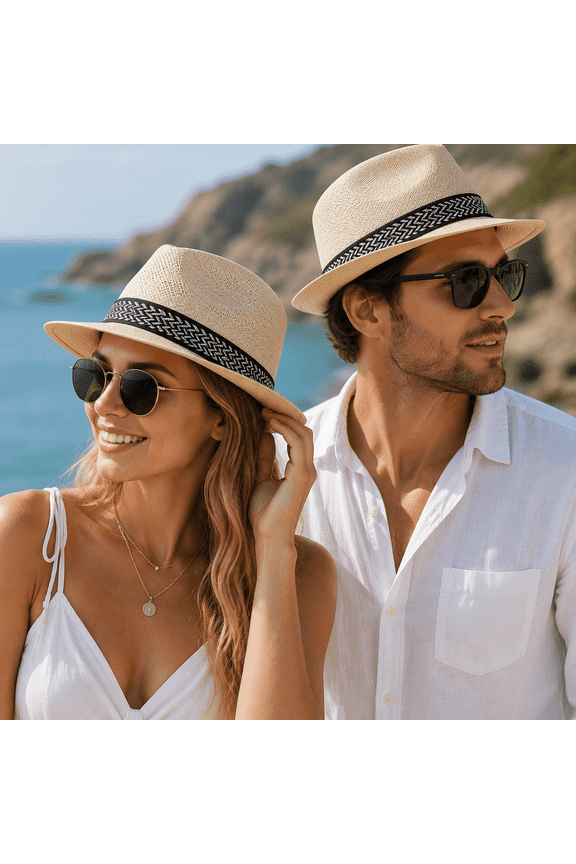 Unisex Wide Brim Straw Fedora Hat with Braided Band, Summer Sun Hat for Beach Travel