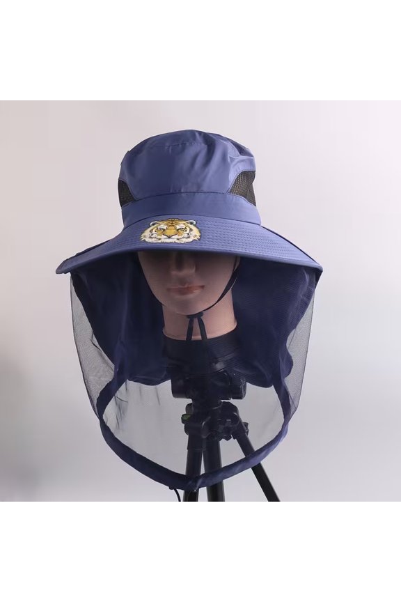 Unisex Wide Brim Tiger Print Mesh Cap with Integrated Insect Repellent Net Mask Breathable Adjustable Snap Back for Camping Fishing Hiking Outdoor Activities