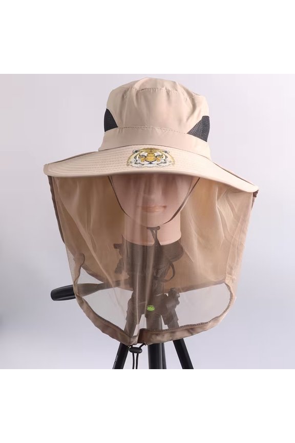 Unisex Wide-Brim Tiger Print Mesh Cap with Integrated Insect-Repellent Net Mask, Breathable Adjustable Headband for Camping Fishing Outdoor Hiking