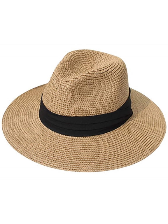 Unisex Wide Straw-Hat Straw Sunshade Panama Roll Up Fedora Beach Sun Hat