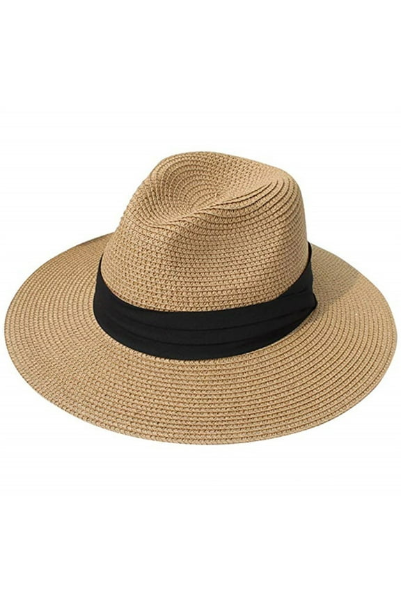 Unisex Wide Straw-Hat Straw Sunshade Panama Roll Up Fedora Beach Sun Hat