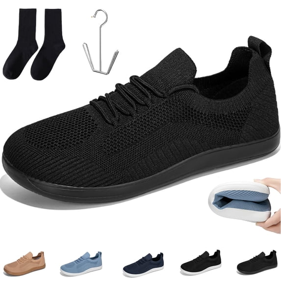 Unisex Wide Toe Box Zero Drop Walking Shoes, Breathable Mesh Slip-On Non-Slip Soft Sole Casual Business Sneakers,Black Size 44