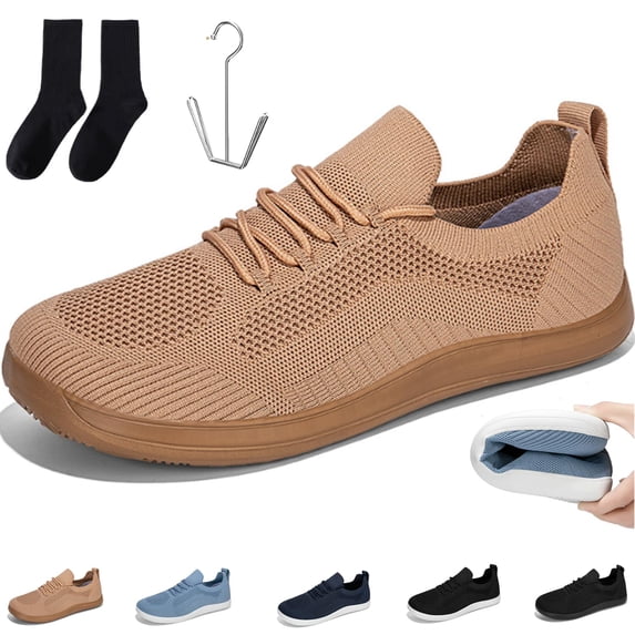 Unisex Wide Toe Box Zero Drop Walking Shoes, Breathable Mesh Slip-On Non-Slip Soft Sole Casual Business Sneakers,Khaki Size 45