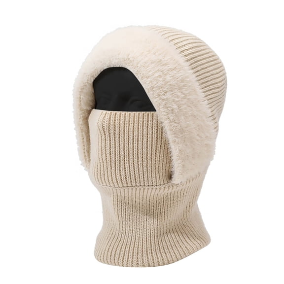 Unisex Winter Balaclava Hat, Fleece Lined Thermal Knit 3-in-1 Integrated Face Mask Neck Warmer, One Piece Hood for Skiing Hiking and Extreme Cold Weather - Beige